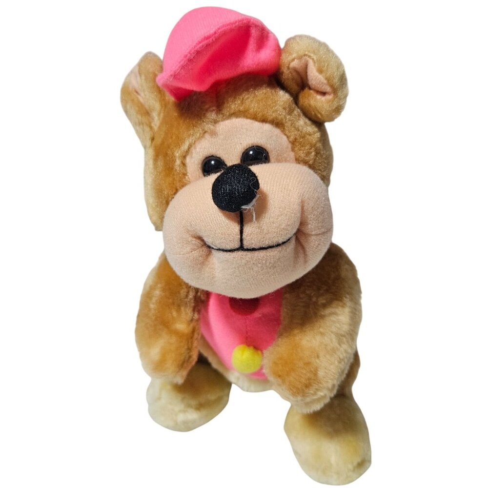 Vintage Teddy Bear 9 inch Plush Pink Hat Shirt Yellow Pom Pom Stuffed Animal Toy